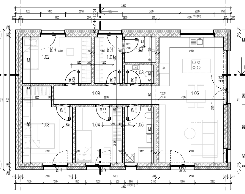 Pôdorys 1. NP — štvorizbový bungalov, interiér 97,14 m²